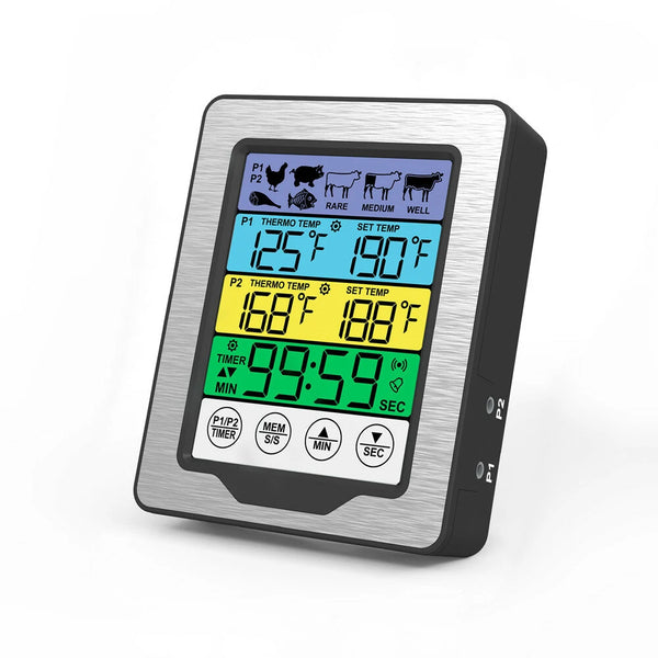 Dual Probe Large Colorful Touchscreen Food Meat Thermometer  Kitchen Cooking BBQ Thermometer High Temperature Alarm Fahrenheit or Celsius Preset Temperature With Stand