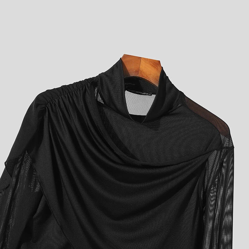 INCERUN Men Cross-Deconstructed Ribbon Design Long Sleeve Top T-shirts Fashion Solid Color See-through High Stretch Clothing for Men