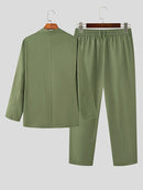 Mens Solid Lapel Blazer Casual Two Pieces Outfits