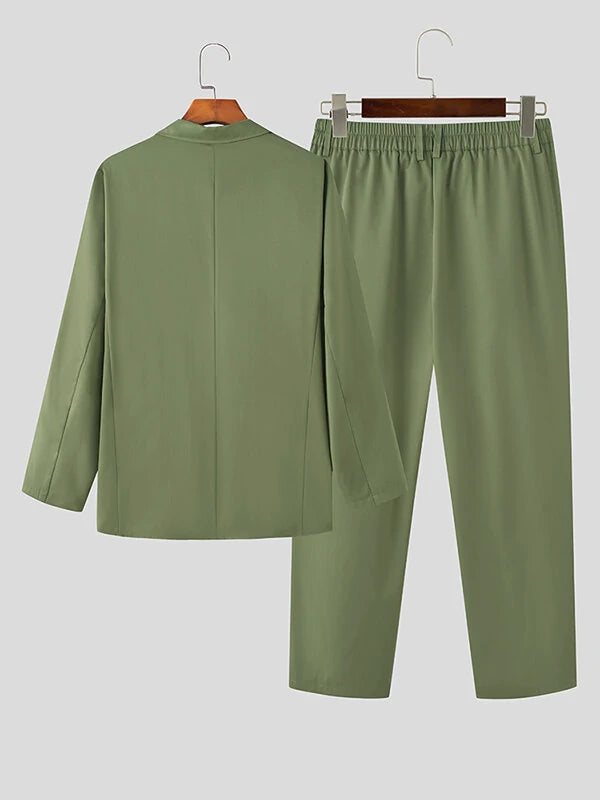 Mens Solid Lapel Blazer Casual Two Pieces Outfits