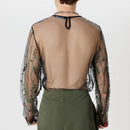 INCERUN Men T-shirts Fashion See-through Mesh Embroidered Flower Decor Long Sleeve Black Tshirts Summer Cool Party Male Tops