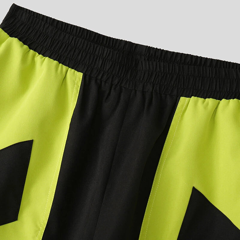 INCERUN Mens Color-Block Spliced Design Pant Fashion Elastic Waist Loose Fit Pants