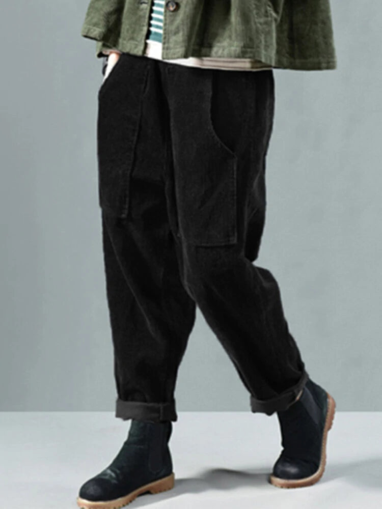 Corduroy Elastic Waist Solid Color Side Pocket Harem Pants