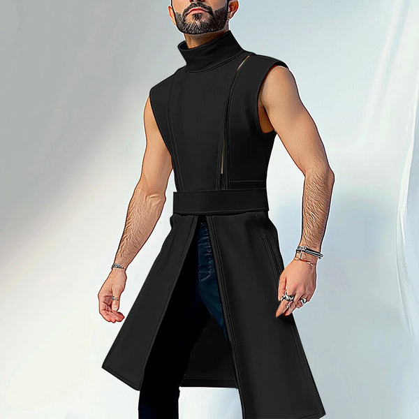 INCERUN Mens Solid Color Split Design Sleeveless T-Shirt Fashion Half Turtleneck Top for Male