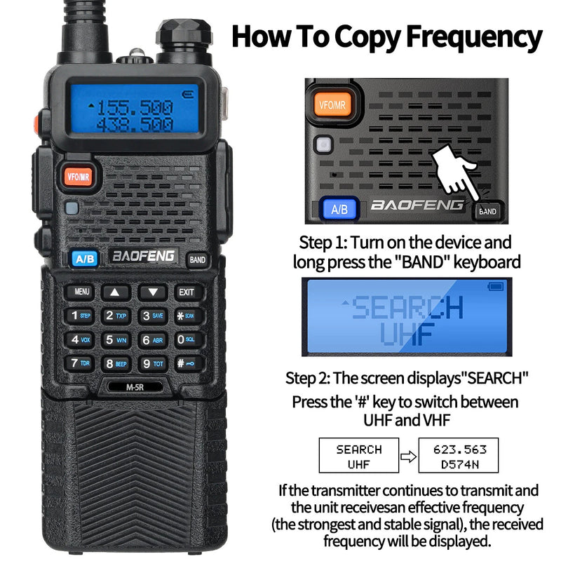Baofeng M-5R Walkie-Talkie 5W 8W Power Extended Version One-Key Frequency AM Aviation Full-Band 3800mAh Battery Outdoor Radio