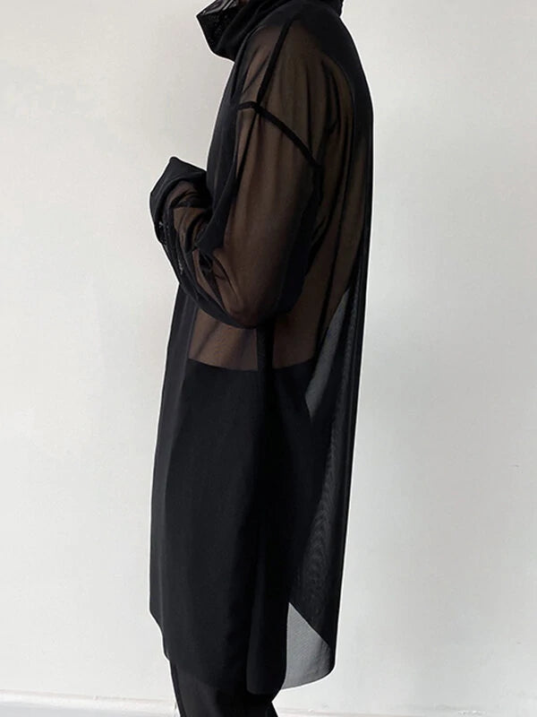 Mens Sheer Mesh See Through High Neck Long Sleeve T-Shirt