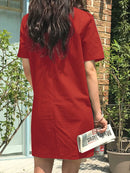 Solid Pocket Short Sleeve Casual Midi Dress