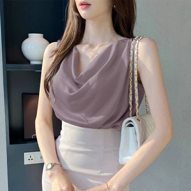 ZANZEA Women's Blouses Elegant Cowl Neck Tanks Tops Office Work Sleeveless Satin Camisoles