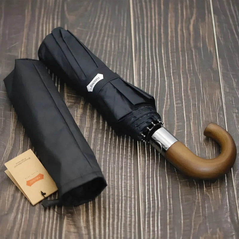 Automatic 10-Rib Wooden Curved Handle Automatic Umbrella 10K Automatic Folding Umbrella Rain Wind Resistant Umbrella Men Women UV Sun Protection Wooden Handle Umbrella