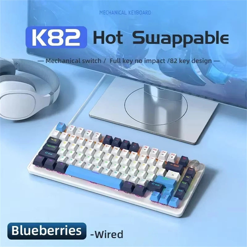 K82 Type-C Wired Mechanical Keyboard with Knob 75% Layout PCB Hot Swappable Backlight 82 Keys Multifunctional Gaming Keyboard