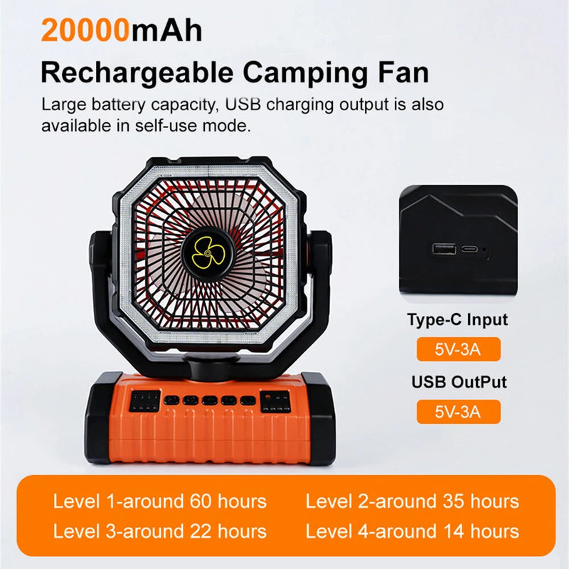 IPRee Camping Portable Desk Fan with LED Light, 20000mAh Battery Rechargeable Quiet Camping Fan, Battery Operated with Hanging Hook for Home Bedroom