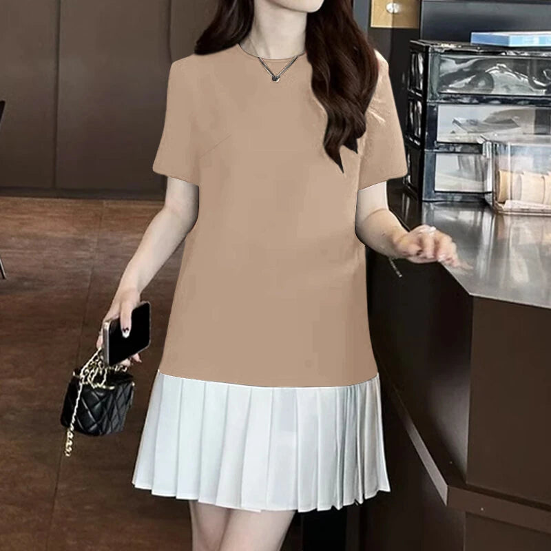 ZANZEA Fashion Style Womens Temperament Pleats Splicing Dresses Ladylike Short Sleeved Mini Contrast Dress