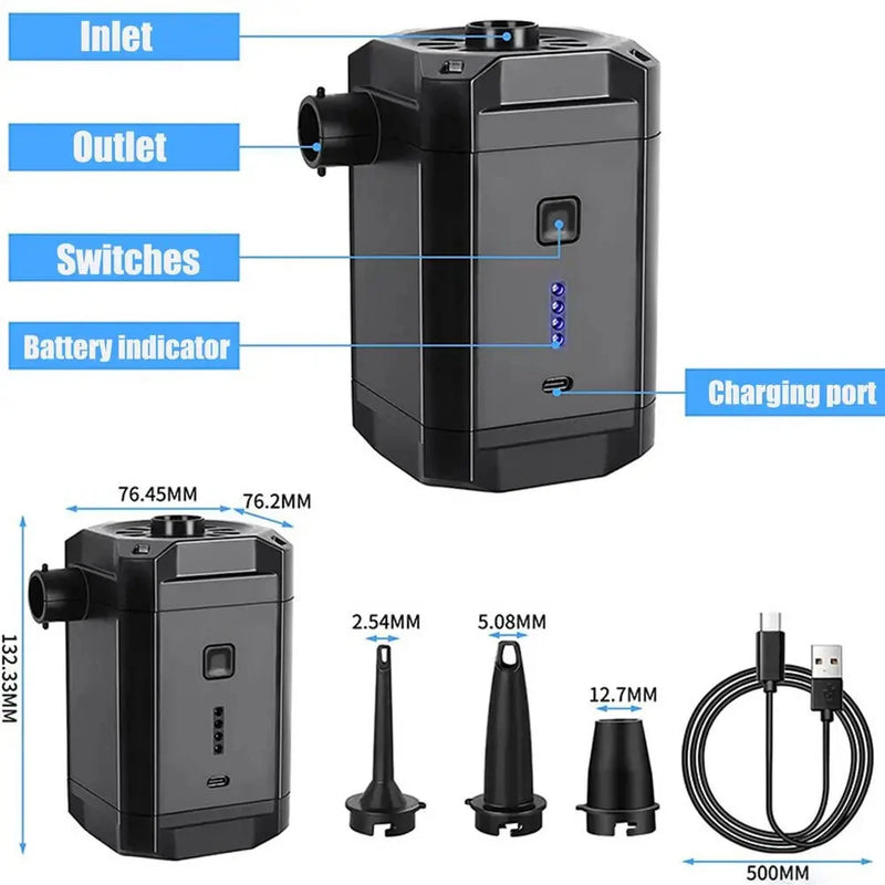 Electric Air Pump Inflator Air Compressor With Rechargeable Battery Portable Wireless For PVC Boat Mattress Inflatable Pool Raft Tyre Balls With 3 Nozzles