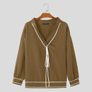 INCERUN Mens Twist Patchwork V-Neck Long Sleeve T-Shirt Fashion Solid Color Drawstring Design Tshirt