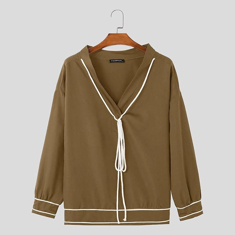 INCERUN Mens Twist Patchwork V-Neck Long Sleeve T-Shirt Fashion Solid Color Drawstring Design Tshirt