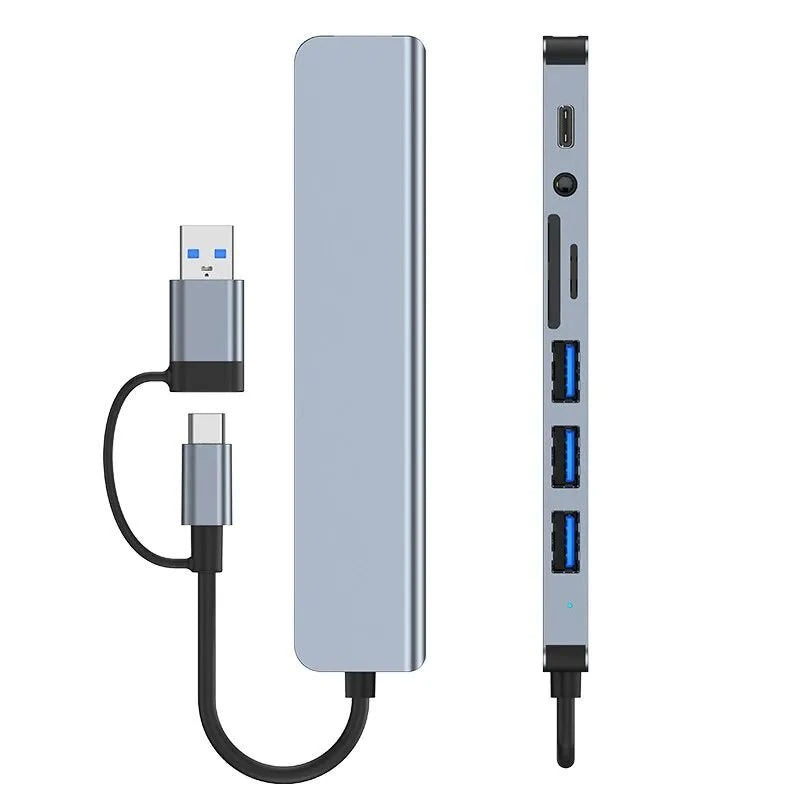 8-in-2 USB-C/USB3.0 Docking Station USB Adapter with USB3.0 USB2.0*3 USB-C Data SD/TF Card Reader Slot 3.5mm Audio Multiports USB Hubs for PC Laptop Computer