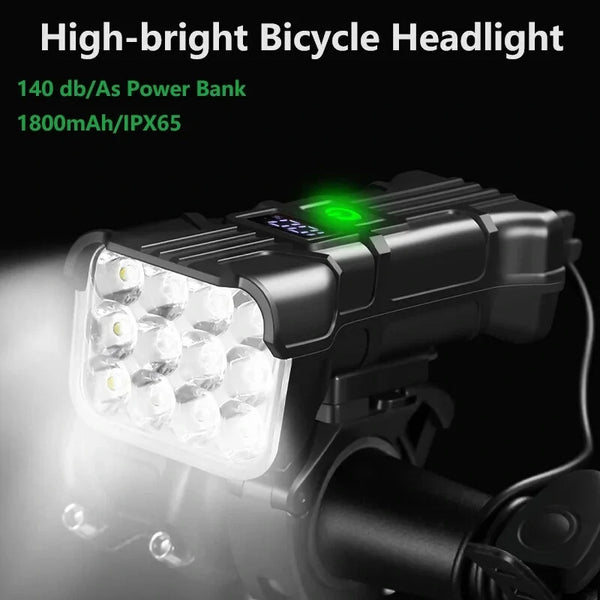 3 in 1 Multifunctional Bike Headlights 12 LED Beads 500Lm Brightness 140dB Bell Alarm 1800mAh Battery Display Power Bank IPX65 Waterproof USB-C Rechargeable 360-degree Adjustment Bicycle Front Light for Night Cycling