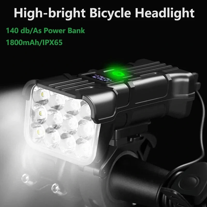 3 in 1 Multifunctional Bike Headlights 12 LED Beads 500Lm Brightness 140dB Bell Alarm 1800mAh Battery Display Power Bank IPX65 Waterproof USB-C Rechargeable 360-degree Adjustment Bicycle Front Light for Night Cycling