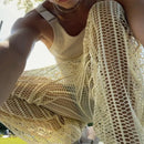 INCERUN Men Pants Fashion Loose Fit Mesh Hollow Out Beach Trousers Summer Comfy Beige Pants