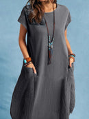 ZANZEA Plus Size Women Mid Long Dress Solid Pocket Short Sleeve Round Neck Cotton Casual Beach Midi Dress