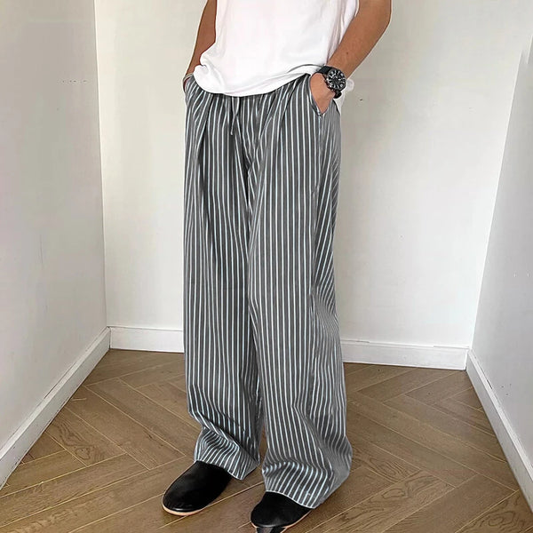 INCERUN Men Trendy Striped Drawstring Waist Casual Pants Daily Casual Home Elastic Waist Long Trousers for Men Large Size S-5XL