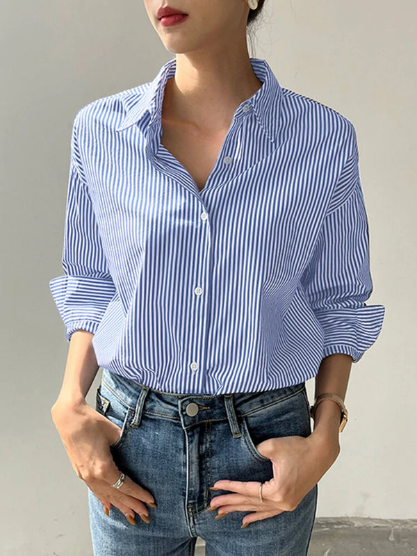 Stripe Print Long Sleeve Button Front Lapel Shirt