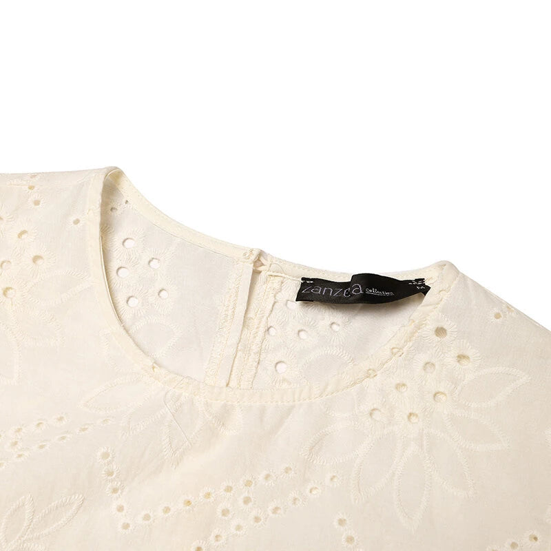 ZANZEA Elegant Style Womens Vintage Casual Cotton Crop Shirts Top Vacation Crew Neck Hollow Embroidery Blouses
