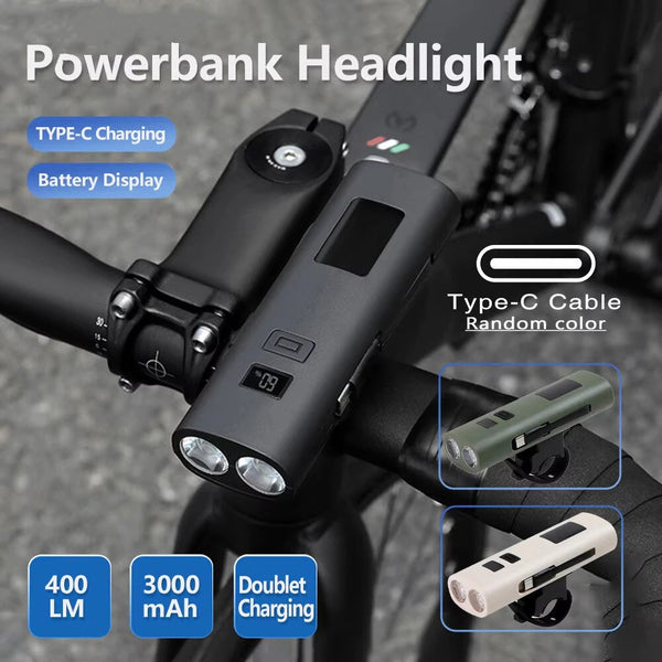 BIKIGHT 400LM 3000mAh Type-C Charging Bicycle Headlight 3 Gears COB Side Light Battery Level Display Waterproof Power Bank Front Bike Light for Night Riding