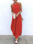 Women Sleeveless Straps High Low Hem Solid Causal Maxi Dress