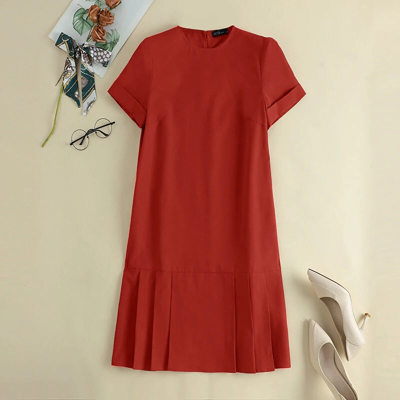 ZANZEA Women Plus Size Solid Ruffle Hem Pocket Short Sleeve Crew Neck Casual Dress