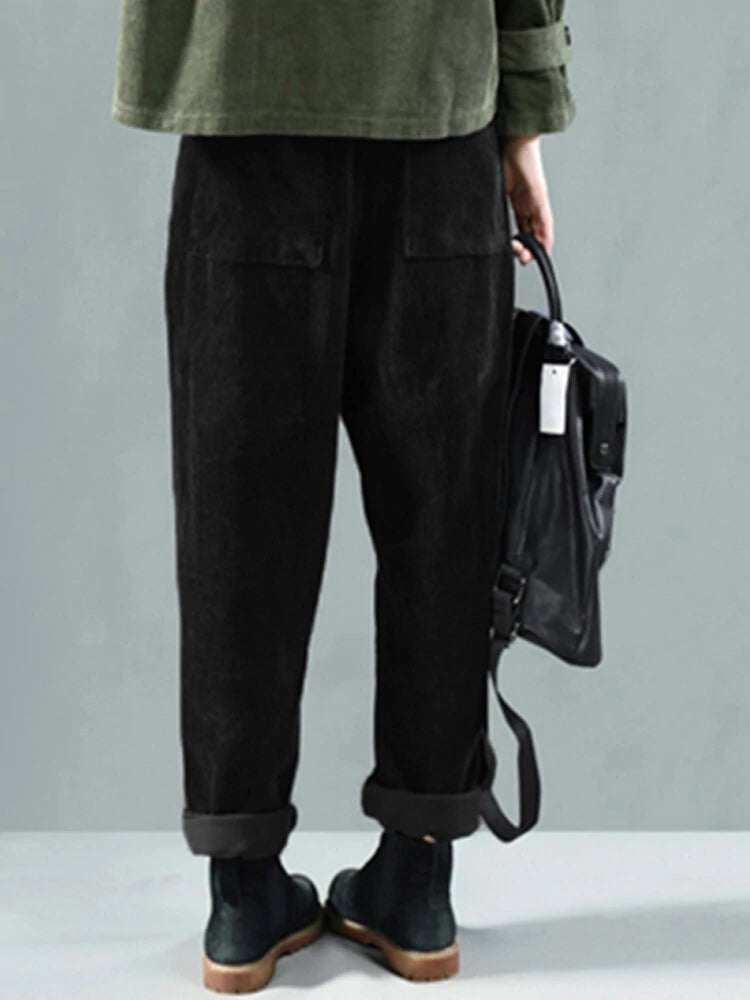 Corduroy Elastic Waist Solid Color Side Pocket Harem Pants