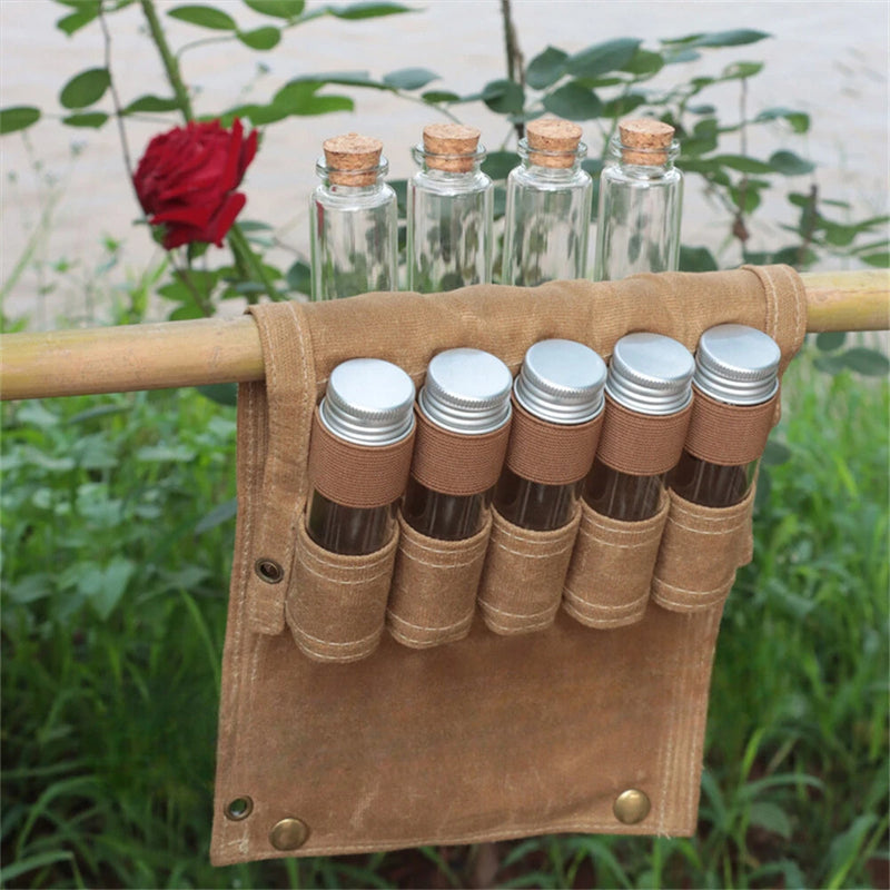 IPRee Reliable Outdoor Camping Spice Bottle Storage Bag Free with 9pcs Glass Spice Bottle Storage Bag BBQ Seasoning Bottle Canvas Bag