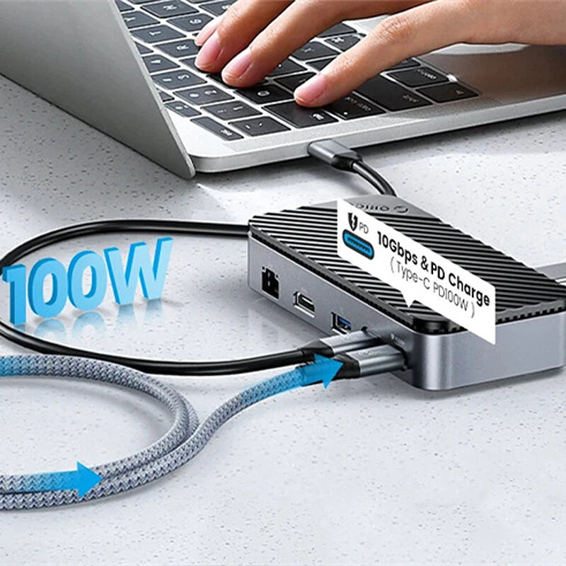 ORICO DPM2P9 10-in-1 M.2 SSD Enclosure Docking Station with Cooling Fan PD100W / 10Gbps Type-C*2 / 5Gbps USB3.0*2 / 10Gbps USB3.2 Gen2 / 4K@60Hz HD / 1000M RJ45 / SD&TF3.0 Multi-ports USB-C Hub Splitter Adapter