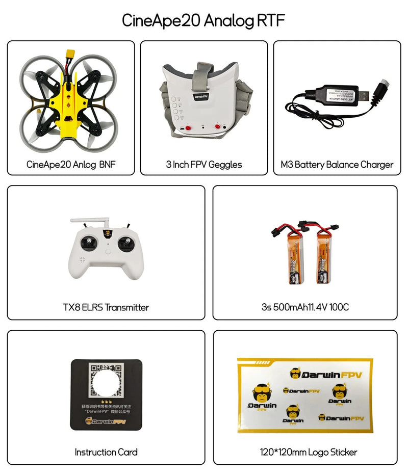 DarwinFPV CineApe20 Analog 2 Inch 3S F4 15A ELRS RTF Cinewhoop FPV Racing Drones GPS with TX8 ELRS Transmitter Mini 3 Inch 5.8GHz 40Ch FPV Goggles