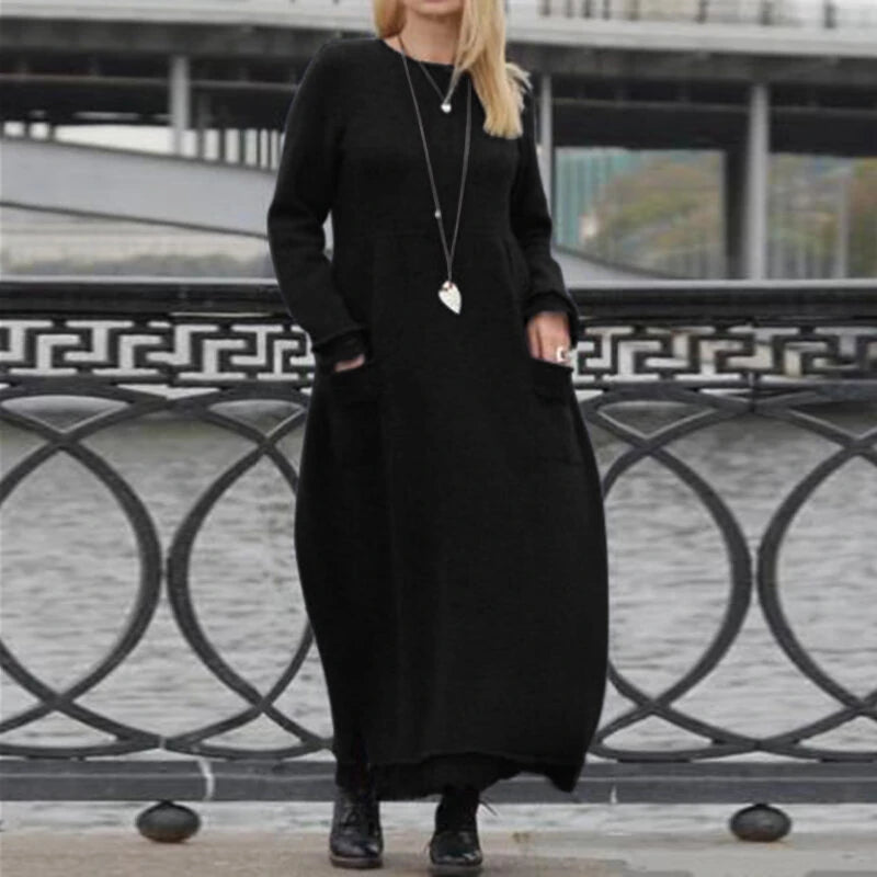 ZANZEA Women Long Sleeved Long Dress with Side Pockets Lace Patchwork Casual Long Maxi Dress for Spring Fall