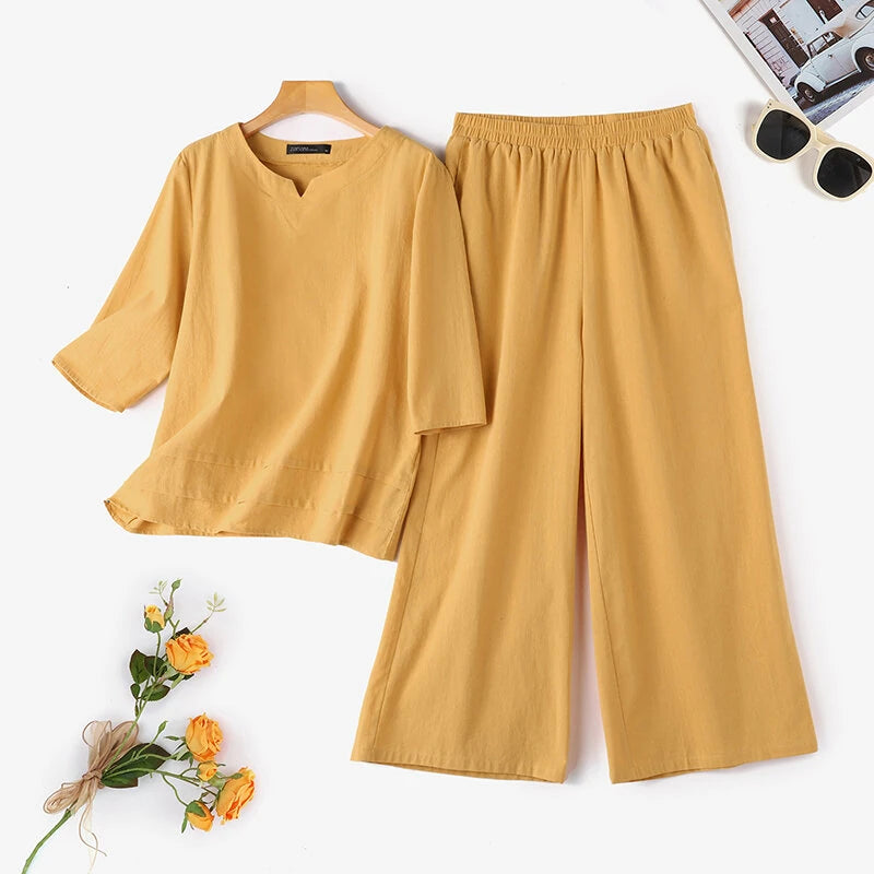 ZANZEA Plus Size Women Casual Solid Two-Piece Set, Notched Neck 3/4 Sleeve Layered Hem Top & Wide Leg Pants, Women's Plus Size Clothing