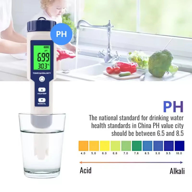 5-In-1 Salinity Meter PH/TDS Water Tests TIF/EC/Temperature Multifunctional Water Quality Tests TIF with LCD Display