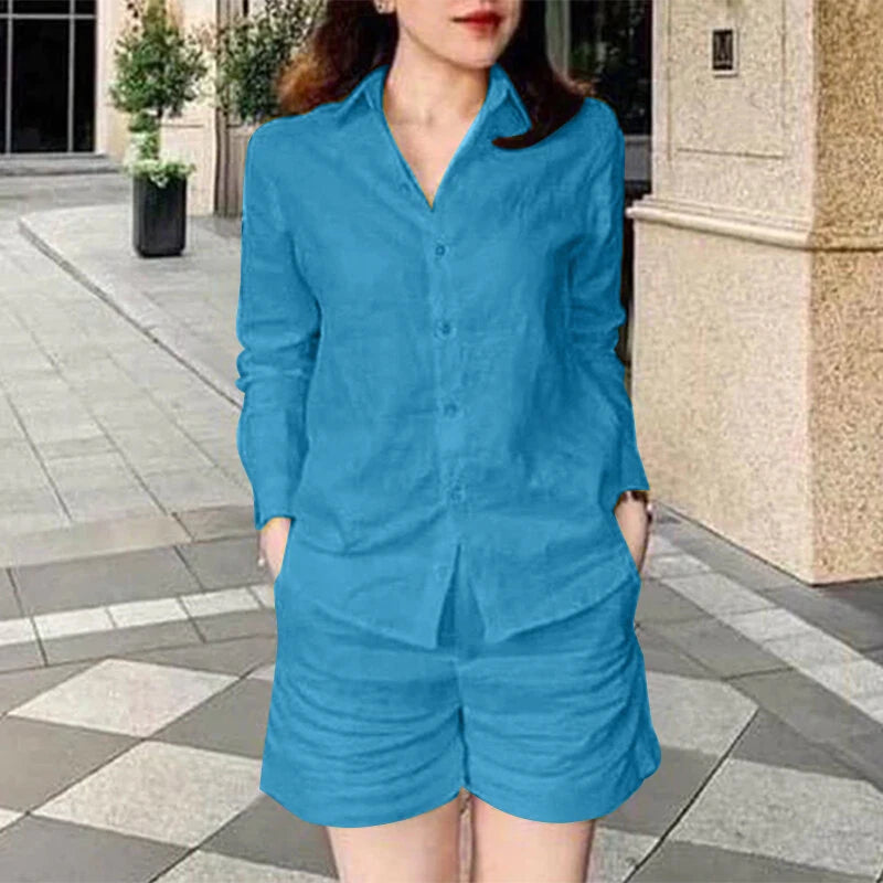 ZANZEA Women's 2pcs Suits Vintage Casual Long Sleeve Lapel Shirt Elastic Waist A-Line Shorts Cotton Linen Sets
