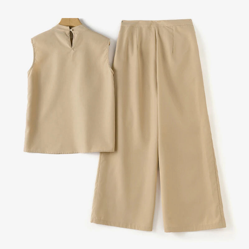 ZANZEA Women Vintage Casual Stand Neck Sleeveless Pleated Wide Leg Tops Trousers