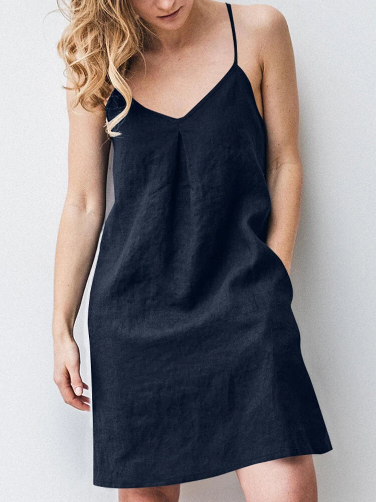 ZANZEA Solid Pocket Spaghetti Strap Backless Dress For Women