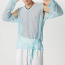 INCERUN Mens T-shirt Fashion Scooped Long Sleeves Tshirt Thin Mesh See Through Lace Up Design Tee Summer Cool Party Top Male