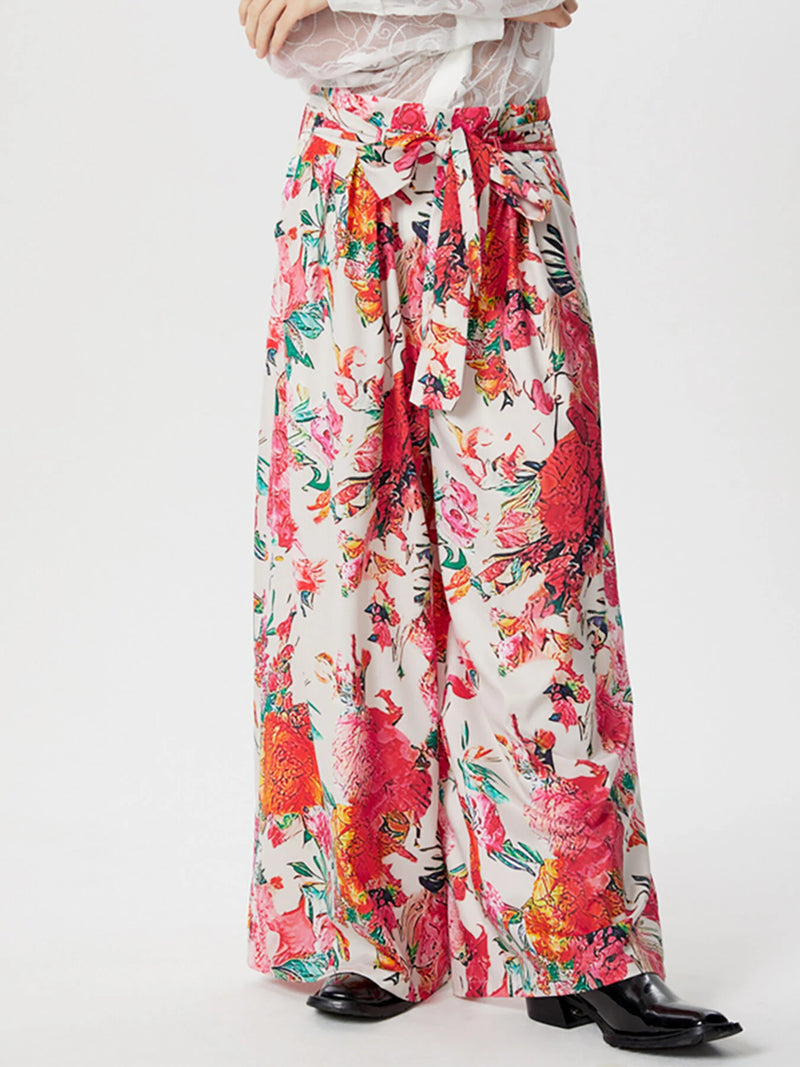 INCERUN Mens Pant High Rise Lace Up Long Trousers Fashion Flowers Print Wide Leg Pants Leisure Men Bottoms