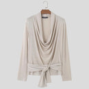 INCERUN Mens French Elegance Draped Neck Shirt Fashion High Elastic Solid Color Long Sleeve Top for Men