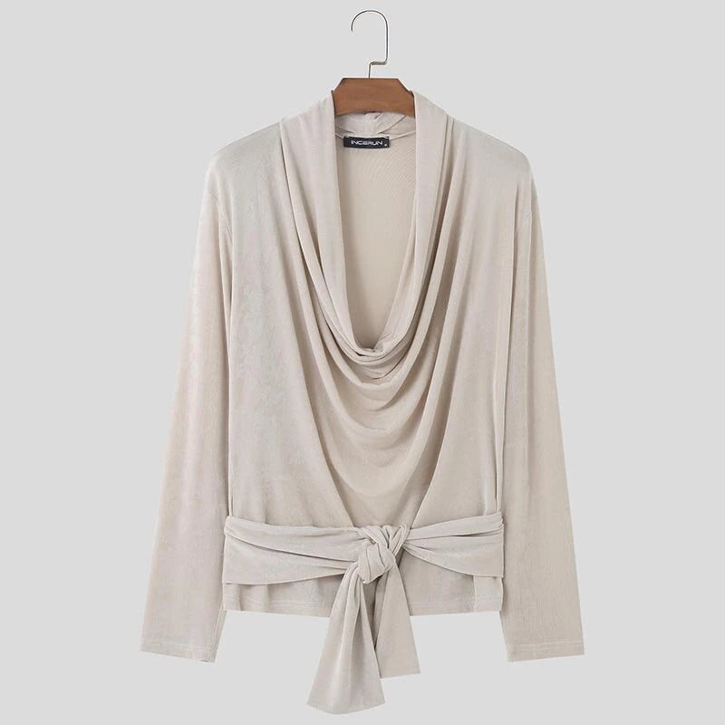 INCERUN Mens French Elegance Draped Neck Shirt Fashion High Elastic Solid Color Long Sleeve Top for Men