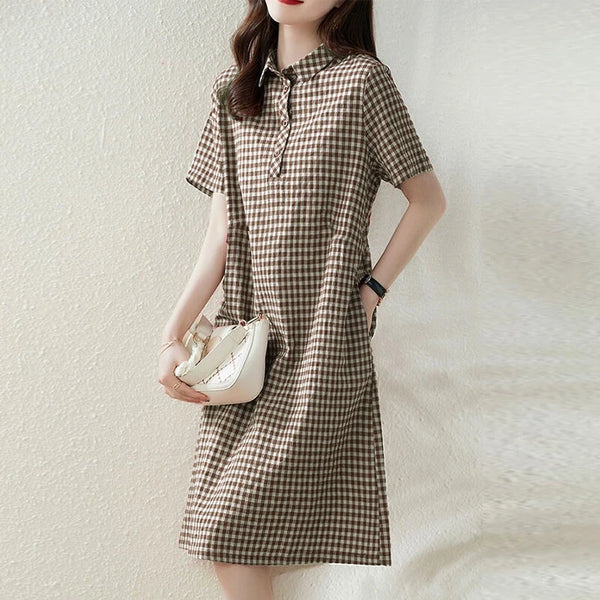 ZANZEA Elegant Style Women's Dresses Daily Short Sleeve Lapel Plaid Loose Midi Shirt Dress