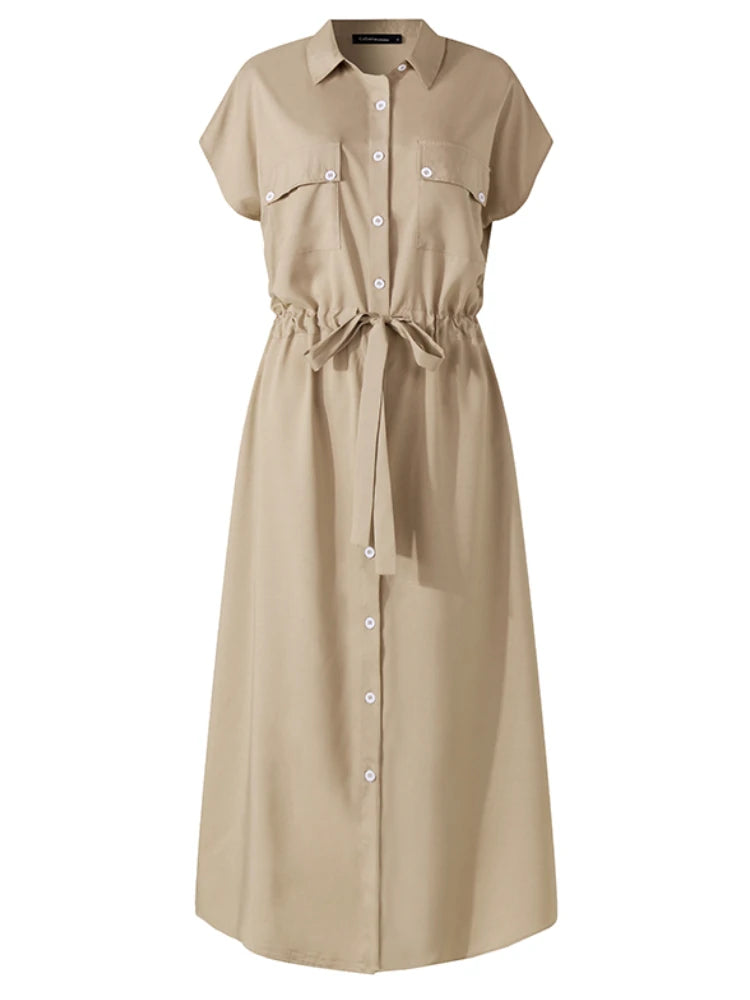 Celmia Plus Size Women Long Dress Short Sleeve Lapel With Side Pocket Casual Streetwear Overalls Dresses For Women
