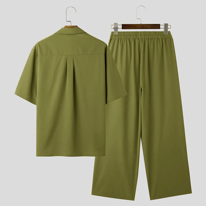 INCERUN Men's Two-piece Outfits, Suit Collar Draped Short Sleeve Shirt + Pant, Casual Comfy Loose Suits For Summer