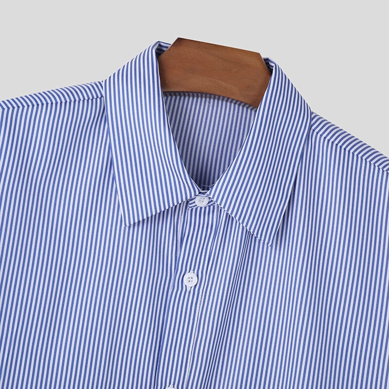 INCERUN Plus Size Men Classic Striped Shirts Long Sleeve Lapel Collar Casual Shirt for Men Daily Vacation Streetwear Male Top