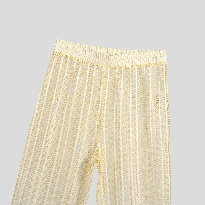INCERUN Men Pants Fashion Loose Fit Mesh Hollow Out Beach Trousers Summer Comfy Beige Pants