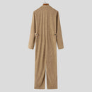 INCERUN Men Jumpsuits Corduroy double-breasted Suit Collar Long-sleeved Casual One-piece Suit for Men with Side Pockets